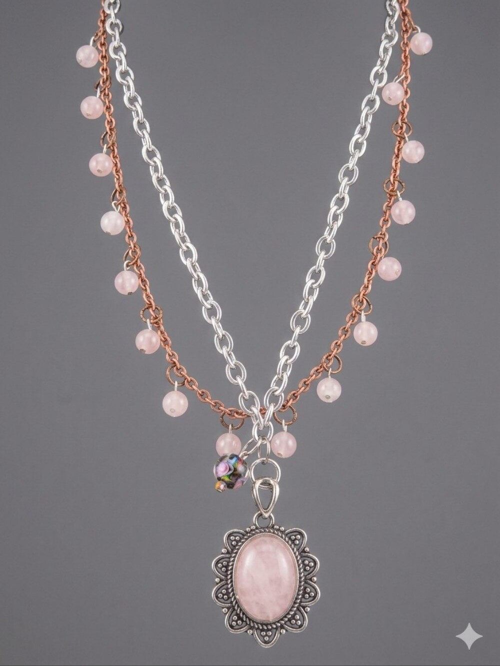 VTG Rose Quartz Pendant Floral Lampwork Bead Copper/Silver Mixed Metal Necklace
